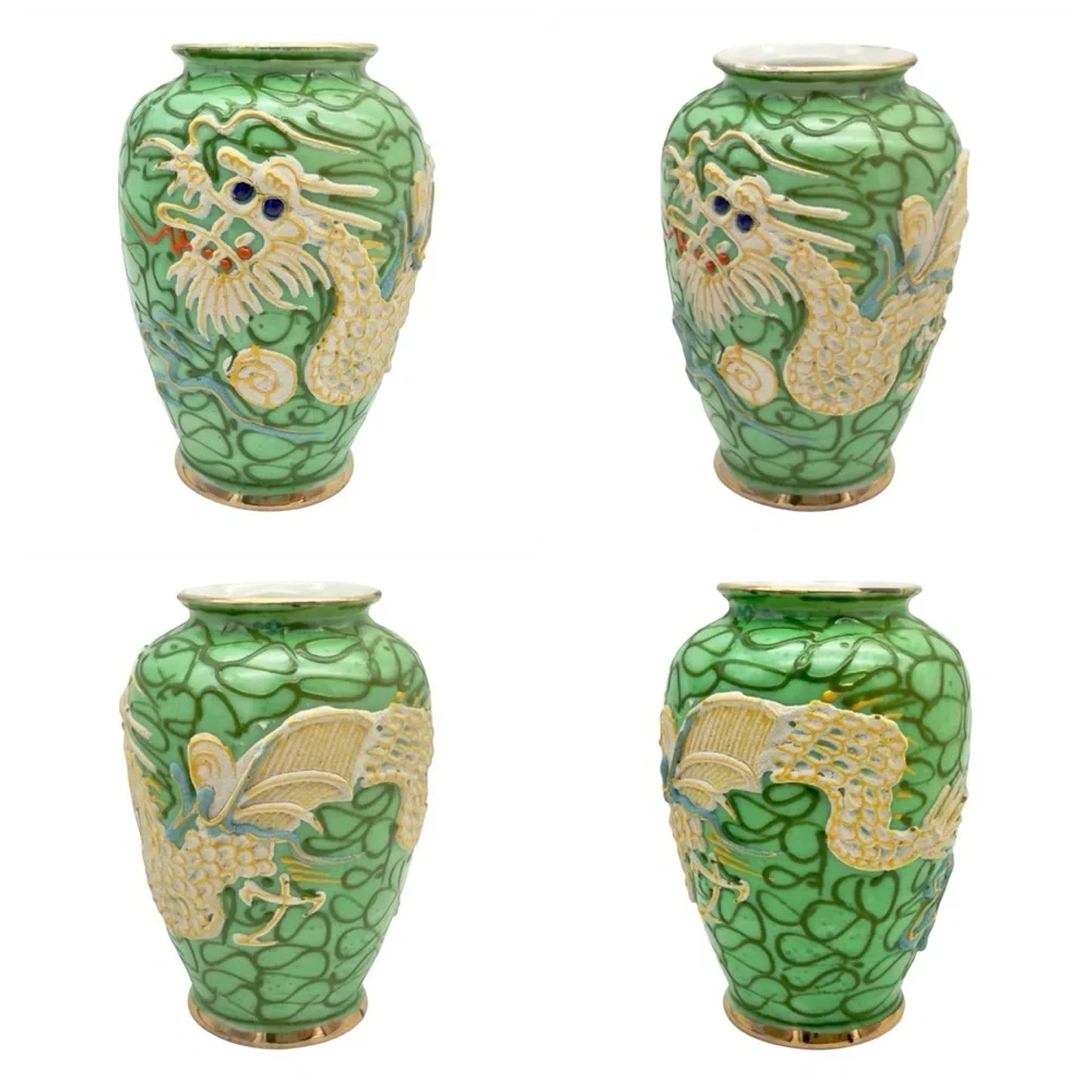 Vintage Moriage Dragonware Vases Pair Japan Green Spaghetti Slip Blue Set of 2 - Picture 8 of 10